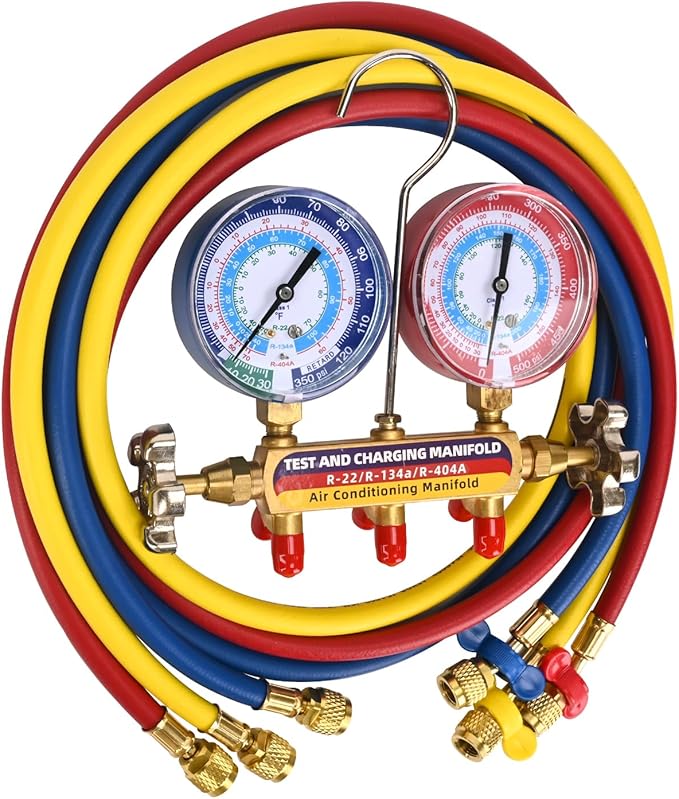 2026 Upgrade 42006 Test and Charge Manifold Set with 3-1/8" (80 mm) Gauge, for R-22/134A/404A, 1/4" to 1/4" Standard Flare Fittings with 72"(6Ft), Hvac Gauges with Colored Label and Hoses Set