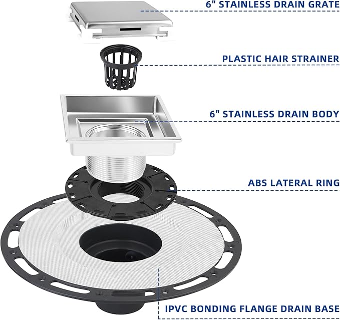 4-Inch Square Shower Drain Kit with Tiled Insert Grate, Brushed Stainless Steel Cover, PVC Bonding Flange & Hair Strainer, Fits 2" & 3" Pipes for Tiled Floors