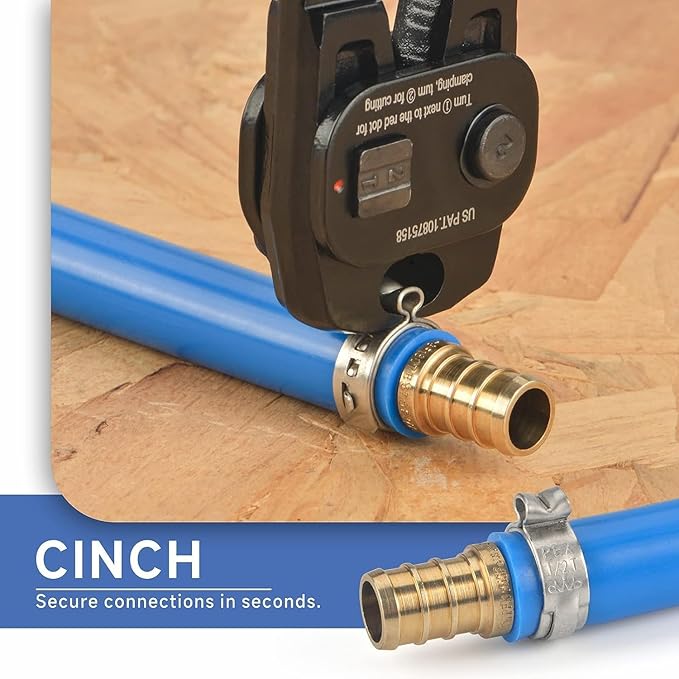 iCrimp Ratchet PEX Cinch Tool with Removing Function for 3/8-in, 1/2-in, 3/4-in, 1-in Stainless Steel Clamp, PEX Crimper with 20PCS 1/2-in, 10PCS 3/4-in PEX Clamps and Pipe Cutter- All in One