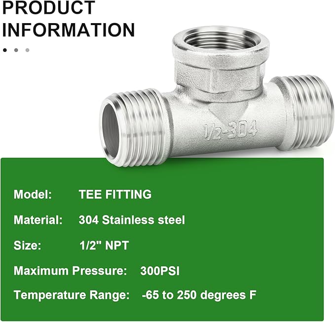 TAISHER 5PCS 304 Stainless Steel Tee Pipe Fittings, 1/2"" NPT Male x 1/2"" NPT Female x 1/2"" NPT Male Pipe Fittings, Female Branch Tee, Silver