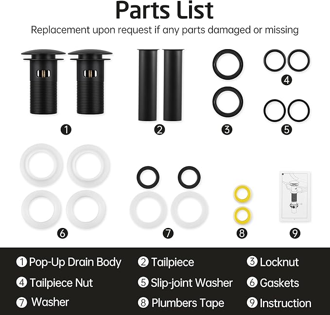 KES Bathroom Sink Drain with Overflow, Matte Black Pop Up Drain 2 Pack for Vanity Vessel Sink, All Metal Bathroom Sink Stopper, T304 Stainless Steel and Brass, S2008A-BK-P2-KES