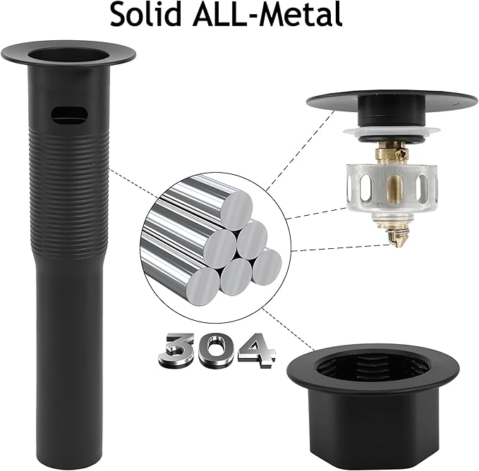 Bathroom Sink Drain,Drain Stopper Bathroom Sink with Overflow,Pop Up Drain Assembly with Detachable Strainer Basket,Built-in Anti-Clogging, Stainless Steel Nut Mattle Black