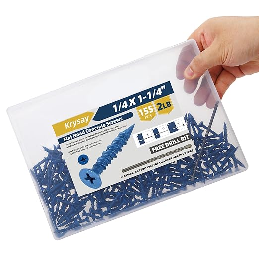 155Pcs 1/4 x 1-1/4 in Concrete Screws with Drill bits,Masonry Screws for Concrete Assortment Kit,Flat Head Block Cement Stacoo Screws and Anchors,Diamond Point,Blue Coated(2LB)
