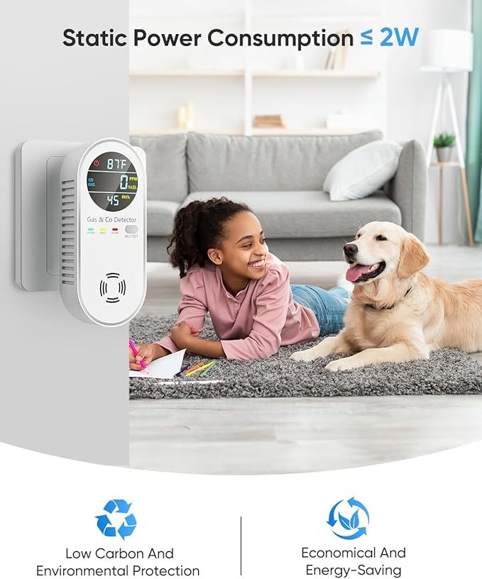 Carbon Monoxide Detectors & Natural Gas Detector, 4-in-1 Carbon Monoxide Detectors Plug in, Gas Leak Detector with Dual Alarms, Temperature & Humidity Sensor for Home, RV, White, 3 Packs