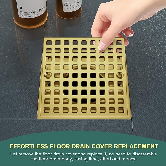 3-7/8" Brushed Gold Shower Drain Cover - Square Floor Drain Cover Replacement - Hair Catcher/Drain Strainer for Bathrooms, Showers, and Sinks - SUS304 Stainless Steel & CUPC Certified