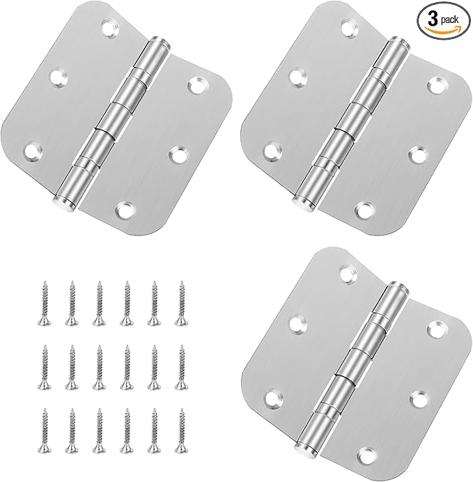 Stainless Steel Door Hinges 3.5 x 3.5 Inch Rounded Door Hinges, 5/8 Radius Silver Stainless Steel Interior Door Hinge, Replacement Door Interior Metal Hardwares, 3 Pack
