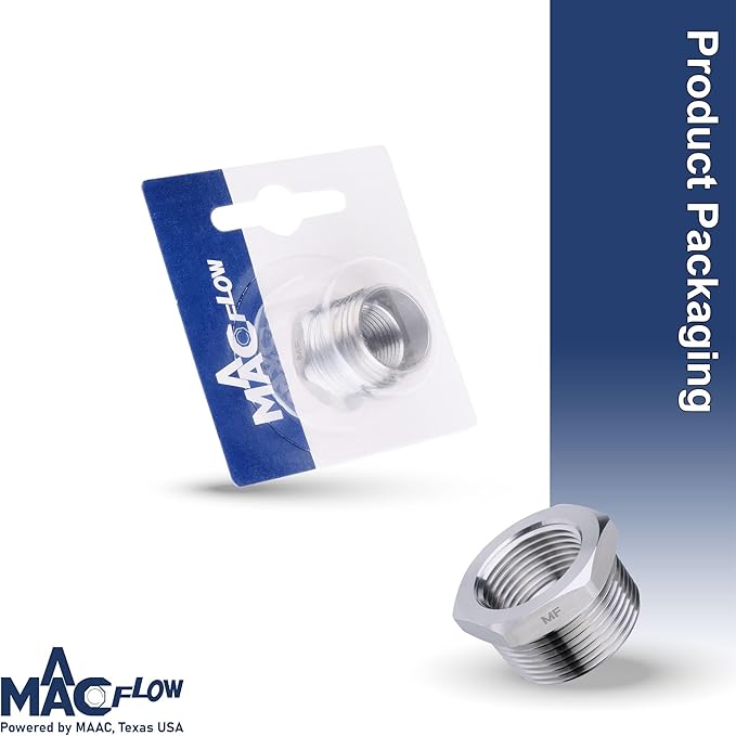 MAACFLOW Stainless Steel 1/2" Male NPT to 3/8" Female NPT Adapter Reducer Hex Bushing (Thread OD 0.81" - ID 0.58") (Pack of 1)