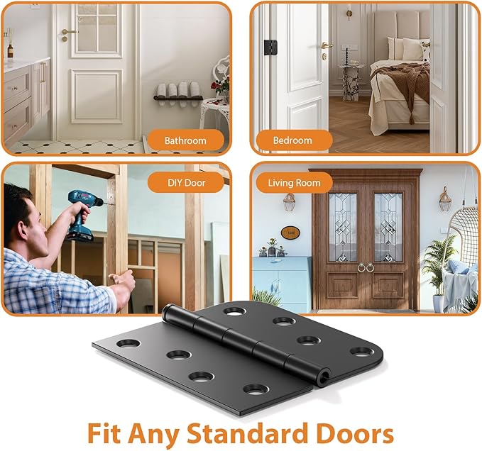 3 Pack Matte Black Door Hinges 4 Inch, Heavy Duty Exterior Hinges with Square & 5/8" Radius Corners, Quiet Removable Pin Design for Front & Back Residential Doors