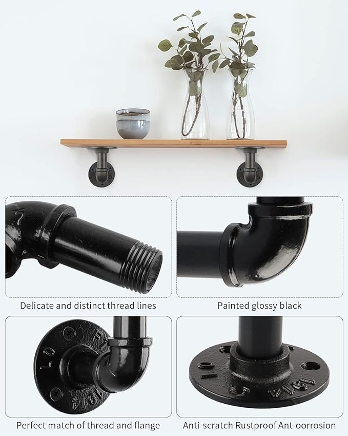MUZIK 6 Pack Industrial Pipe Shelf Brackets, L-Shaped Shelving Support for Wall Mount Floating Industrial Shelves - Vintage Black Iron Finish DIY Pipe Shelf (4*4 Inch)
