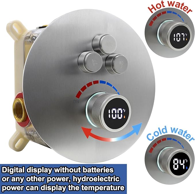Round Digital Display Shower Valve 3 Way Shower Mixing Valve Concealed Installation Can Use All the Time Brushed Nickel