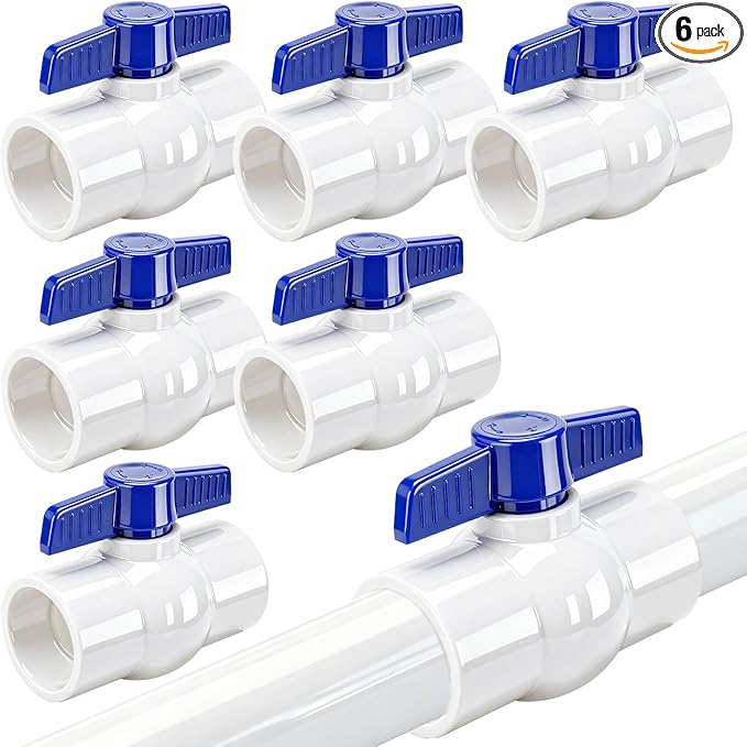 6 Pack 2'' PVC Ball Valve Slip, Water Pipe Full Flow Port Socket Shut Off Valves 2 inch, Blue T Handle SCH40 Plastic Control Valve for Pool, Sewage Pump, Outdoor Plumbing & Irrigation System