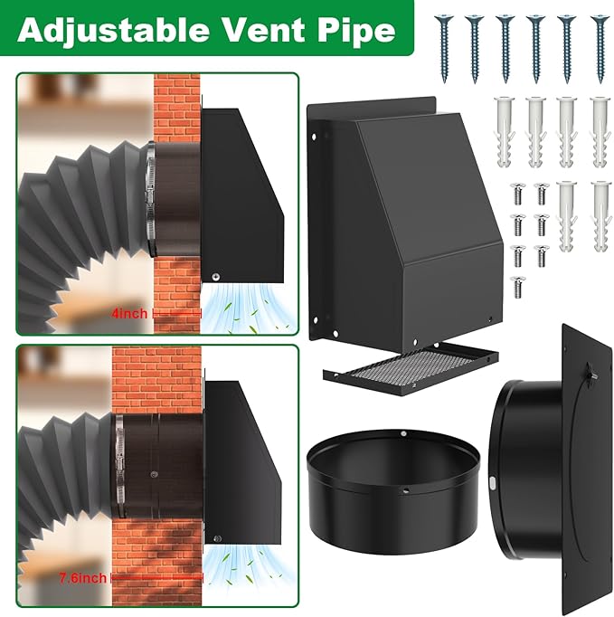 8 Inch Hooded Wall Vent with Screen and Damper, Galvanized Steel Exhaust Wall Vent, Outdoor Wall Vent Cap for Residential Housing Kitchen Rangeand Outside HVAC Duct Air Exhaust