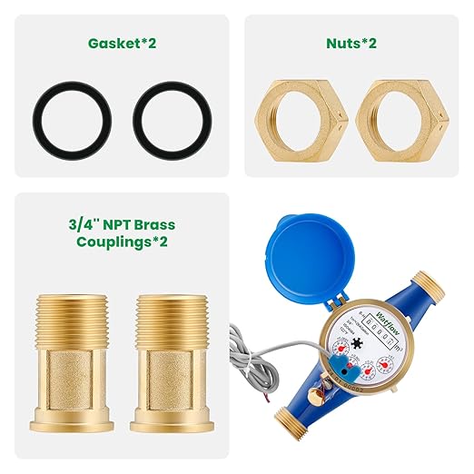 Watflow DN20 Water Meter 3/4" NPT, ISO 4064 Certification Cubic Water Flow Meter with Pulse Output, Cold Water Meter, for Garden/Home/Apartment, Horizontal Install.