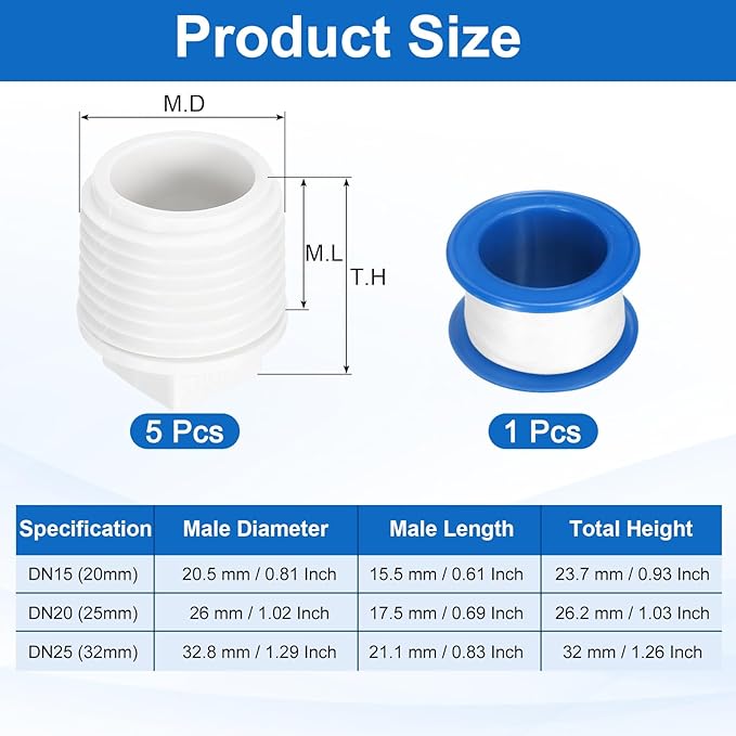 uxcell 5Pcs 1/2 Inch PT Male Thread PVC Pipe Fitting Plug, Cleanout Plugs, Water Drain End Caps Coupling Adapter with Tape for Water Heater Supply Lines, Plumbing, White