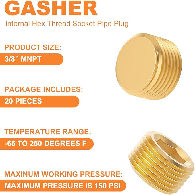 GASHER 20Pcs Brass Hex Plug Pipe Fitting, 3/8" NPT Male Pipe Plug Fitting For Closing The End Of Pipe