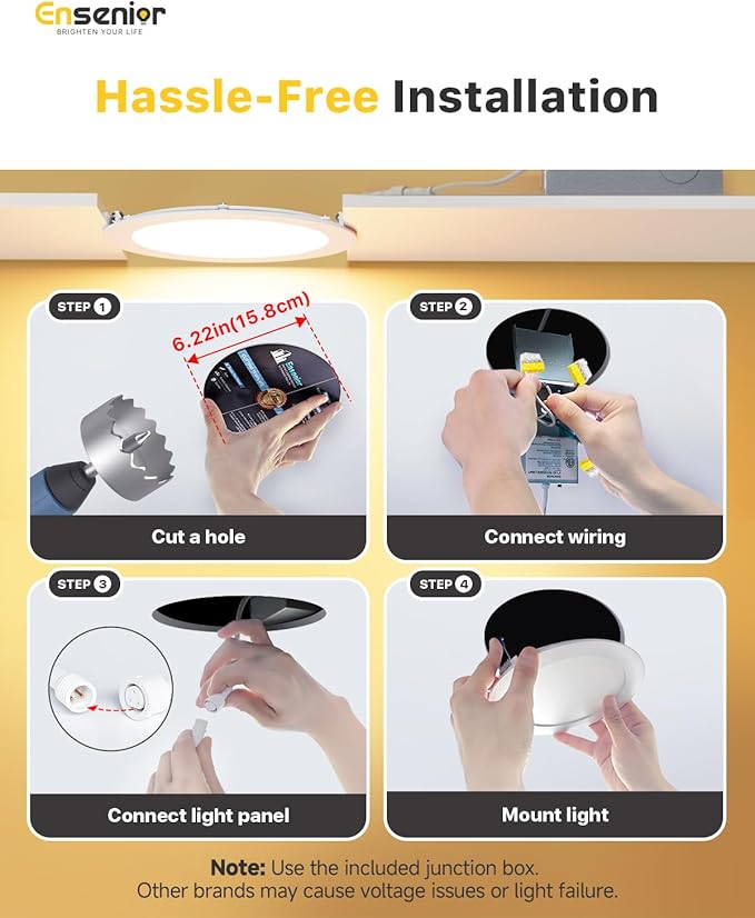 Ensenior 12 Pack 6 Inch Ultra-Thin LED Recessed Light with Junction Box, 2700K-6000K Selectable, 12W 110W Eqv, Dimmable, 1050LM High Brightness - ETL Certified