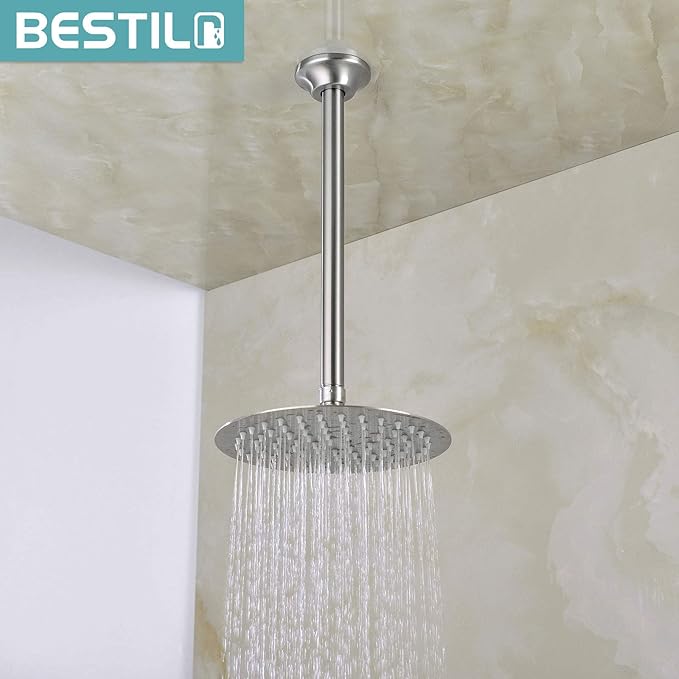 BESTILL 12 Inch Ceiling Mount Rain Shower Head Arm and Flange, Brushed Nickel