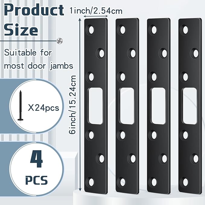 4 Pcs 6 Inch Door Strike Plate Security Latch Strike Stainless Steel Door Reinforcement Plate with Screws for Exterior Deadbolt Armor Heavy Duty Residential Use, Silver (Black)