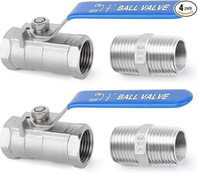 TAISHER 4 Pcs 1/4 Inch FNPT Ball Valve Kit, 304 Stainless Steel with Blue Handles & Nipple