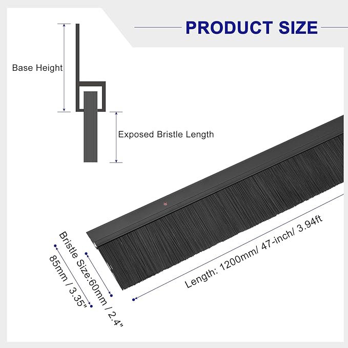 uxcell 2Pcs Door Brush Bottom Sweep H-Shape Aluminum Alloy Base with 2.4-inch PP Brush for Home, Industrial (47-inch L, Black)