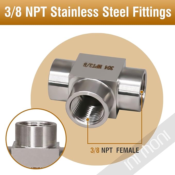 3/8 NPT tee 3 way female pipe fitting, stainless steel 304 T forged pipe connector female hose adapter for brewing project/fuel line, 4350 psi