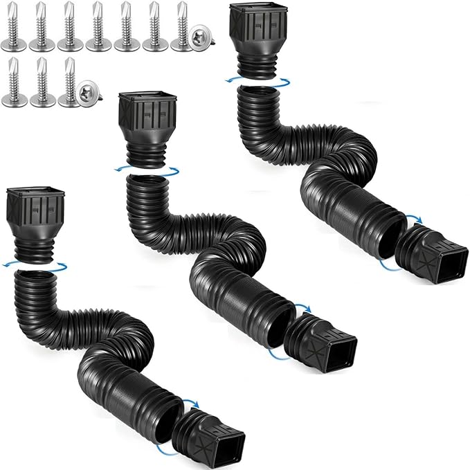 3 pack Flexible Rain Gutter Downspout Extensions,Drain Downspout Extender,Gutter Extension Flexible,Down Spout Drain Extension Pipes,Extendable from 21 to 60 Inches (3pcs black)