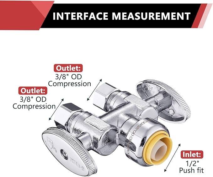 (Pack of 10) EFIELD Push Fit 1/2" x Dual 3/8" OD Compression Straight Stop Valve, 1/4 Turn with a Disconnect Clip Tool,(PF-VALVE039-10PCS)