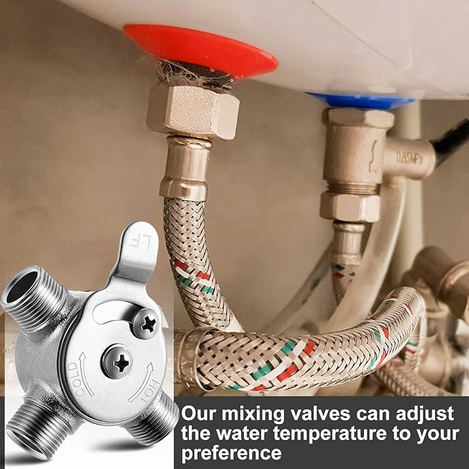1 Pcs 3/8" Manual Mixing Valve Hot Cold Water Temperature Mixer Thermostatic Mixing Valve for Home and Bathroom Below Deck to Adjust Water Temperature, 2 Braided Faucet Connector Included