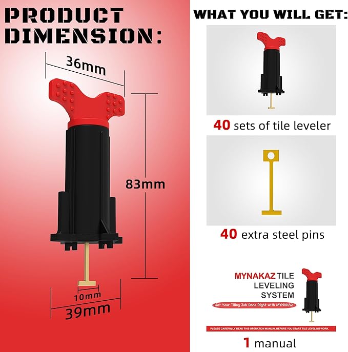 Tile Leveling System, Reusable Tile Spacer Leveling System, Tile Tools for Installation Self Leveling, Tiling Tools and Accessories (40 Sets+40 Extra Pins)