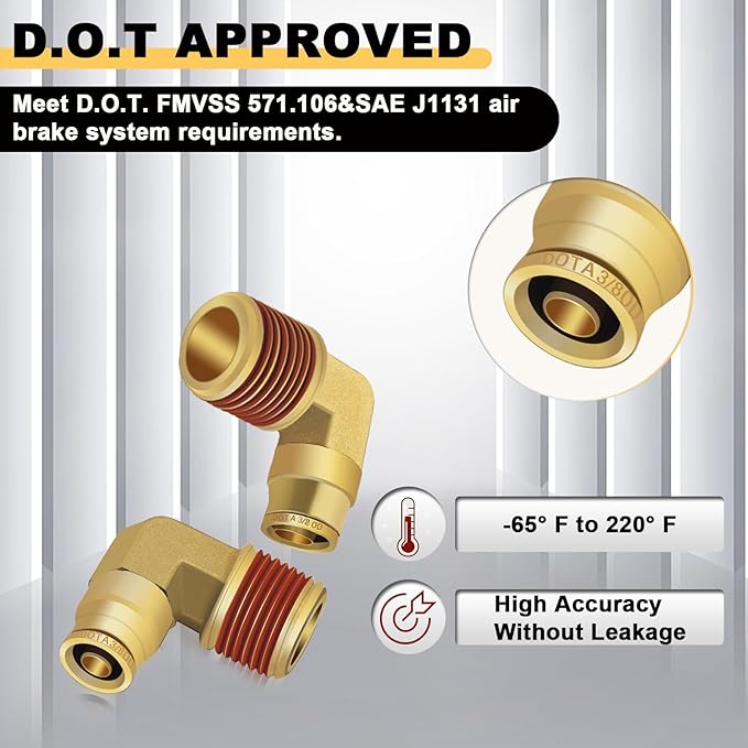 Siptenk 3/8" Elbow DOT Brass Push to Connect Air Line Fittings 5 PCS, 3/8" OD Tube x 1/2" NPT Thread Air Brake Line Quick Connect Fittings for Truck Trailers Industry Air System
