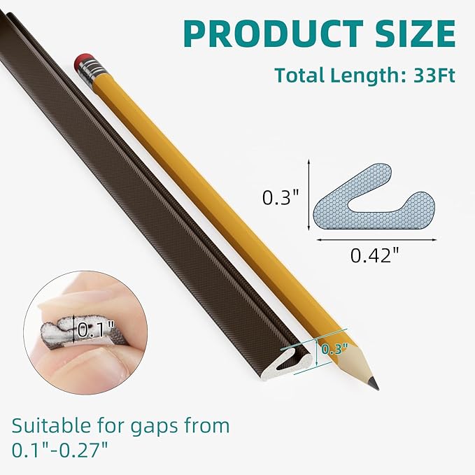 33 Ft V-Shape Weather Stripping Door Seal Strip,Self Adhesive Foam Door Insulation Weatherstripping for Doors Frame,Window Insulation for Winter,Door Soundproof Gap Filler Sealing Strip,Brown