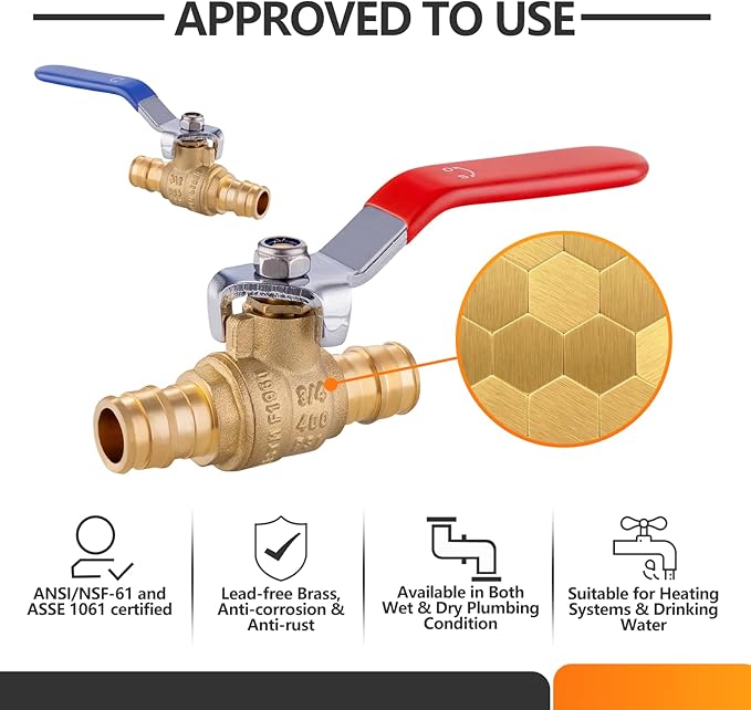 10 PCs HeSun 3/4 Inch PEX A Expansion Ball Valve,Brass Shut Off Valve for Hot and Cold Water, Fit PEX A Expansion Pipe, ASTM F1960,Red&Blue(VALVE238-10)