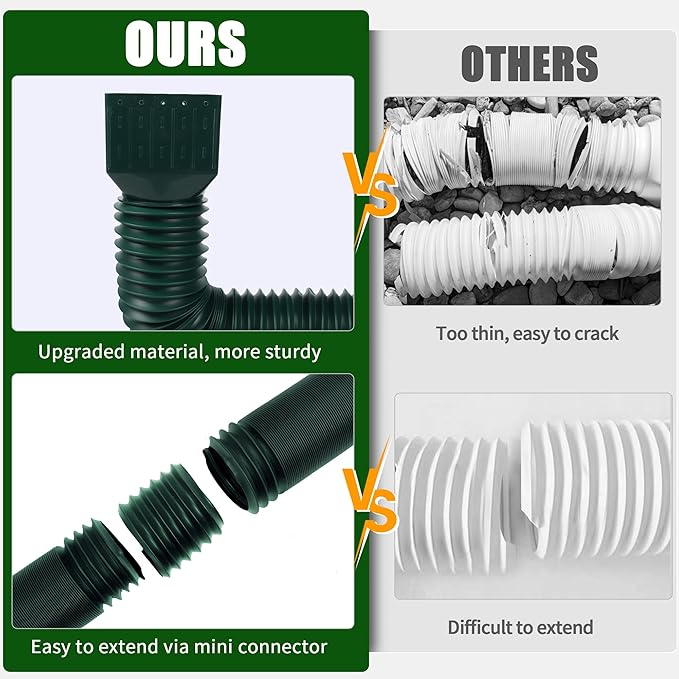 2 Pack Rain Gutter Downspout Extensions, Upgraded Flexible Drain Down Spout Extender for Rain Water Drainage, Each Extendable from 20" to 66", Combine to 10 ft with Connector(Green)