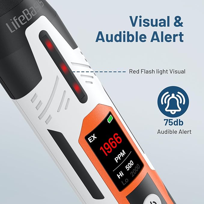 LifeBasis Rechargeable Natural Gas Detector with TFT Display, Gas Leak Detector 0.5s Fast Response, 0-9999PPM Range Built-in Light for Combustible Gas/LPG/Methane/Propane, Gas Sniffer for Car, Vehicle
