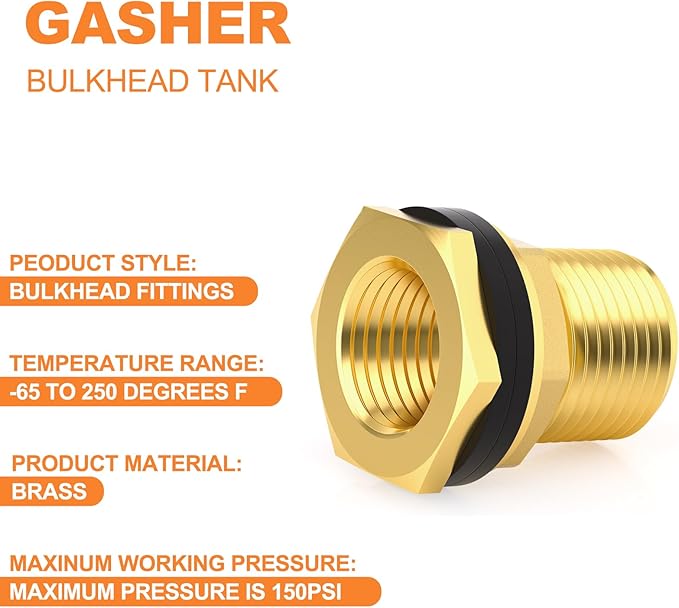 GASHER Brass Garden Hose Bulkhead Fitting With Plug, 1/2" Female NPT, 3/4" Male GHT(garden Hose Thread) Bulkhead Tank Connector Adapter Fitting with Rubber Ring(2 Pack)