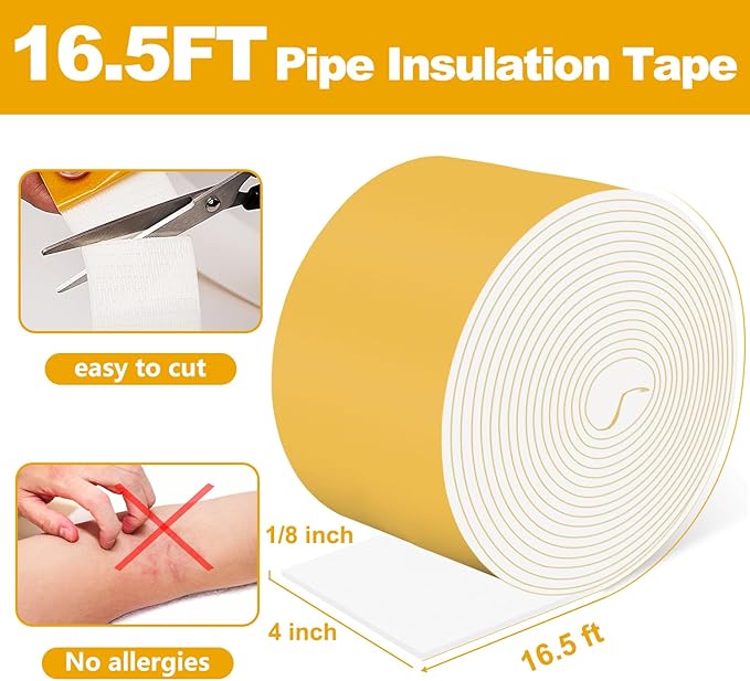 DEMEDO Pipe Insulation Tape, Pipe Wrap Insulation Foam Tape Self Adhesive, Outdoor Water Pipe Insulation Roll for HVAC, AC Line Insulation, 4 inch x 16.5 FT Heat Tape for Water Pipe, White