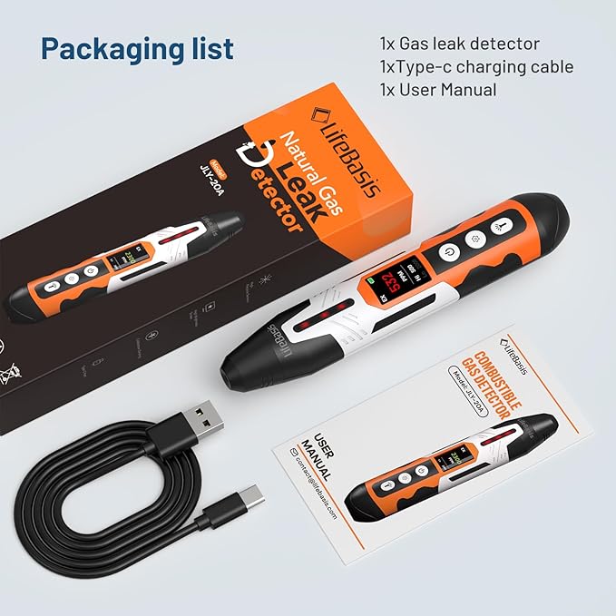 LifeBasis Rechargeable Natural Gas Detector with TFT Display, Gas Leak Detector 0.5s Fast Response, 0-9999PPM Range Built-in Light for Combustible Gas/LPG/Methane/Propane, Gas Sniffer for Car, Vehicle