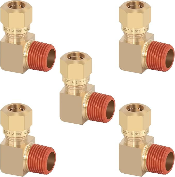 5PCS 3/8" Tube OD x 3/8" NPT Thread Connect Fittings Brass 90 Degree Union Elbow Joint DOT Approved, Air Line Adapter Air Suspension Kit for Truck Trailers and Air Brake System