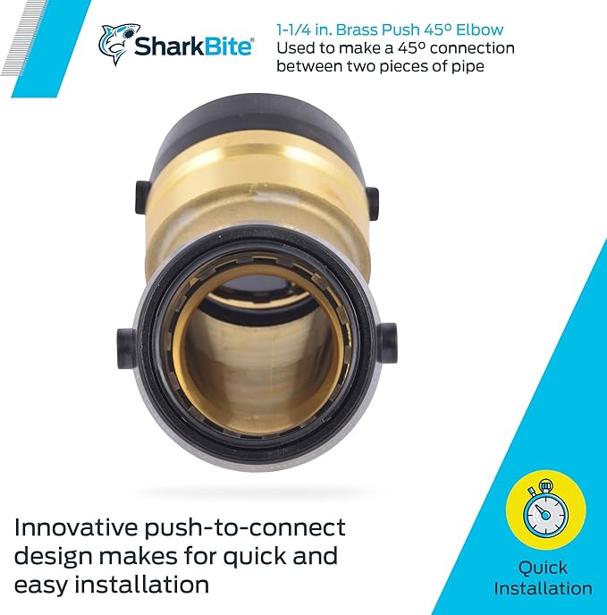SharkBite 1-1/4 x 1-1/4 Inch 45 Degree Elbow, Push-to-Connect Brass Plumbing Fitting, UXL0535