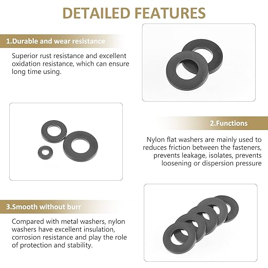 620 Pieces Nylon Flat Washers, Kindroufly 8 Sizes Plastic Washers, Black Nylon Washers Assortment Kit (M2 M2.5 M3 M4 M5 M6 M8 M10)