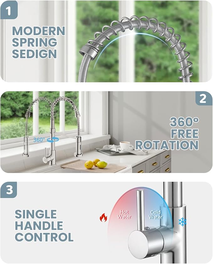 Kitchen Faucet, Commercial Kitchen Sink Faucets with Pull Down Sprayer, Stainless Steel Faucets for Kitchen Sinks, Dual Function Spray Head, Single Handle Spring Kitchen Faucets -Brushed Nickel