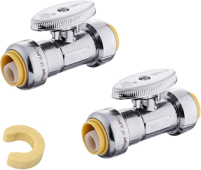 (Pack of 2) EFIELD Push Fit 1/4 Turn Straight Stop Valve Water Shut Off 1/2 Inch Push x 1/2 Inch Push, Chrome with a Disconnect Clip,(PF-VALVE035-2PCS)