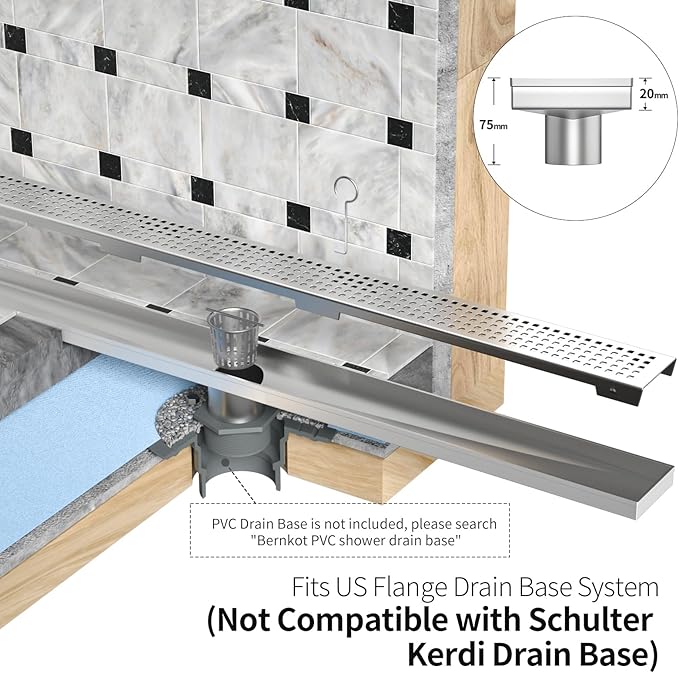 Linear Shower Drain 12", 304 Stainless Steel Floor Drain with Grid Drain Cover & Hair Strainer, Rectangular Shower Drain w/CUPC Certified, Brushed