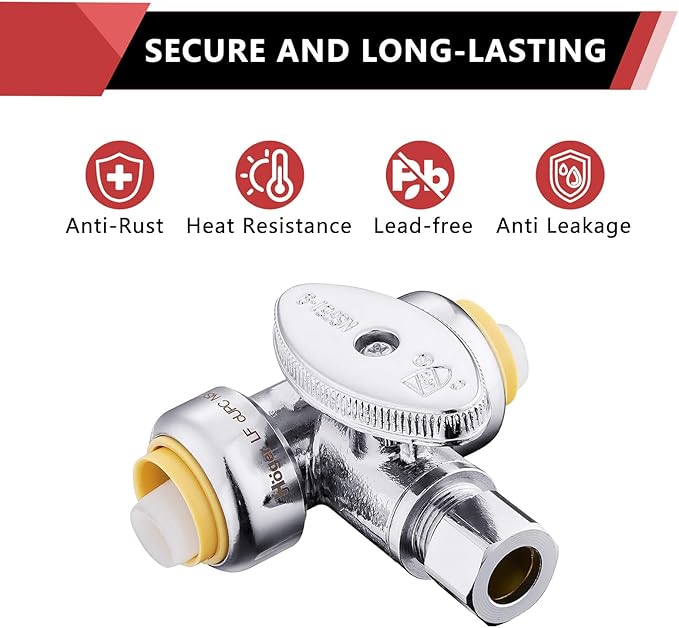 EFIELD (Pack of 10) Push Fit Tee Stop Valve 1/2" x 3/8" OD Compression, 1/4 Turn, Water Shut Off Valve Chrome With Disconnect Clip,(PF-VALVE042-10PCS)