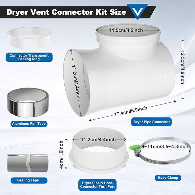 90 Degree Dryer Vent Elbow, Dryer Vent Connector Kit for 4 Inch Hose Duct Pipe Tube Adapter Space Saving Right Angle Connection Attachment for Tight Spaces