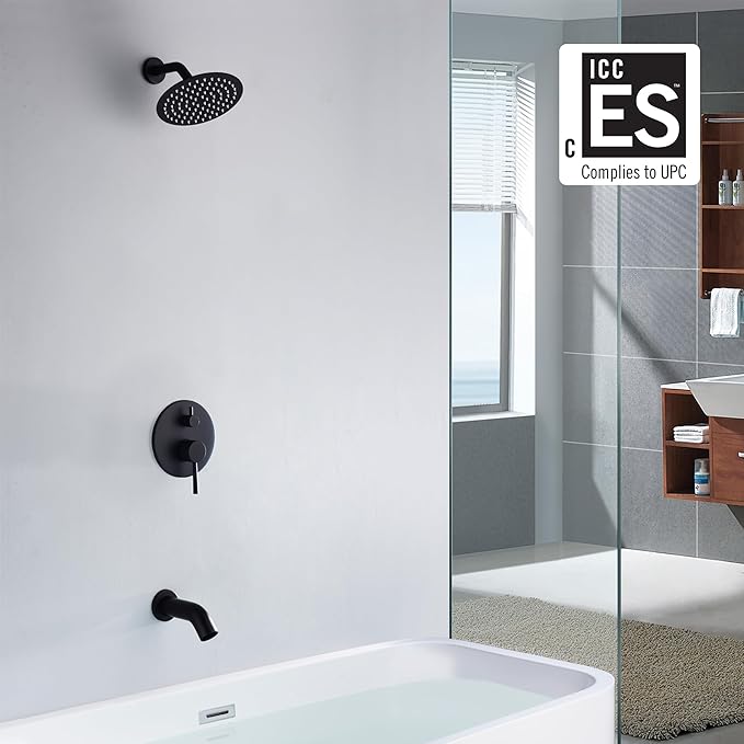 sumerain Tub and Shower Trim Kit with Rough in Valve, Black Shower Faucet with Tub Spout, 8 Inch Shower Head, Pressure Balance Cartridge