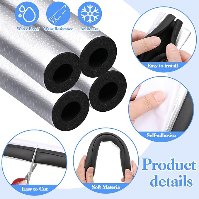 4 Pcs Self-Adhesive Pipe Wrap Foam Tube for Winter & Irrigation, Sprinkler, Spigot, Water Heater Pipes (1.3 Ft x 1 in)