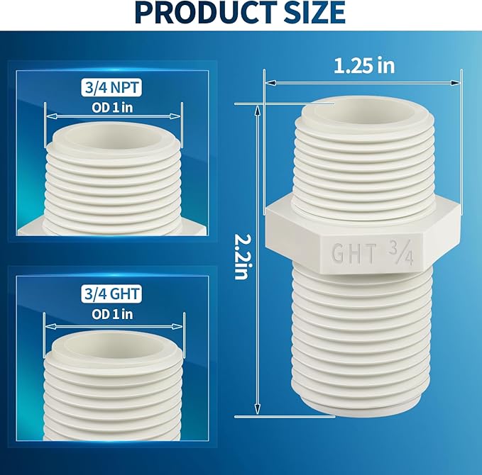 Boltigen 10Pcs 3/4 Inch PVC Pipe Fitting Hex Nipple, 3/4 NPT X 3/4 GHT Garden Hose Adapter, Sch40 PVC Coupling Adaptor Connector
