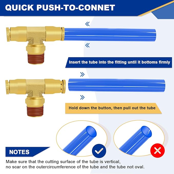3/8" DOT Air Brake Fittings Tee, 3PCS Brass Push to Connect Fittings 3/8" Tube OD × 3/8" NPT × 3/8" Tube OD Tee Union to Male Pipe Swivel for Truck Trailers Air Brake System