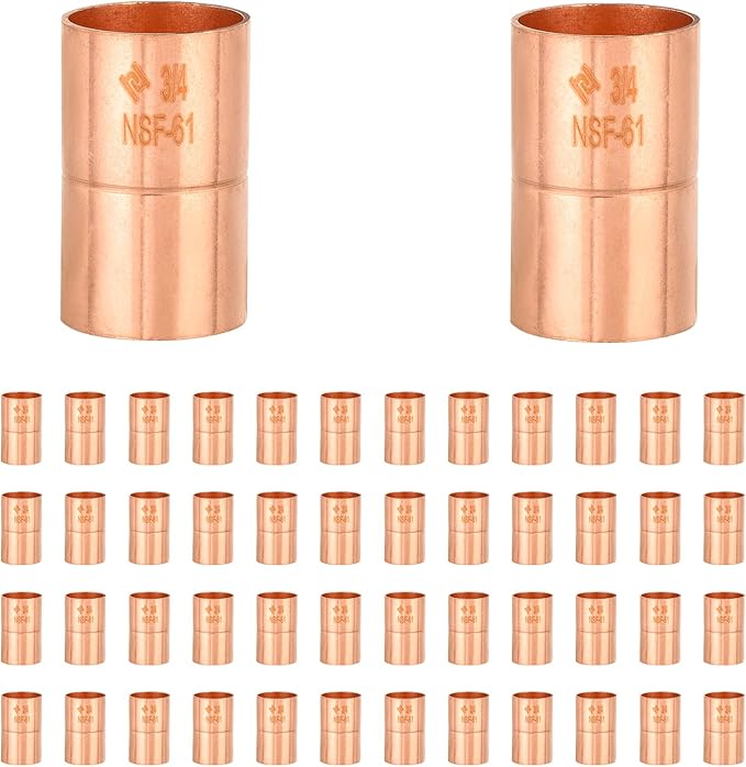HeSun 50-Pack Copper Fittings, 3/4-Inch Copper Coupling with Rolled Stop, C x C with Sweat Solder Connection
